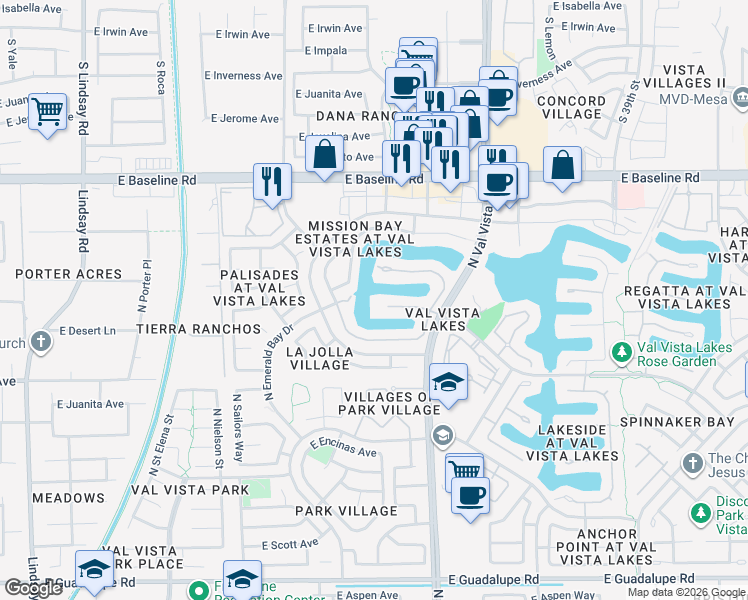 map of restaurants, bars, coffee shops, grocery stores, and more near 1402 East Coral Cove Drive in Gilbert