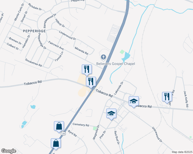 map of restaurants, bars, coffee shops, grocery stores, and more near 3583 Peach Orchard Road in Augusta