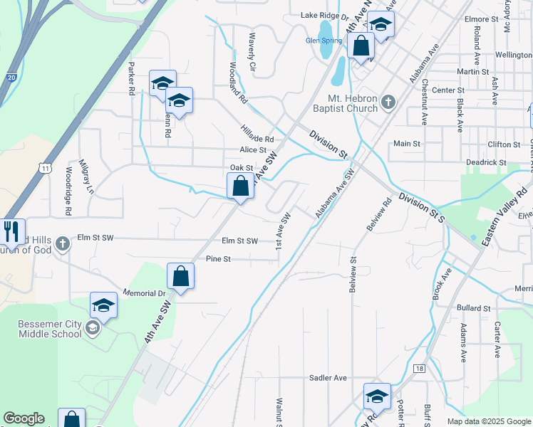 map of restaurants, bars, coffee shops, grocery stores, and more near 112 Willowbrook Drive in Bessemer