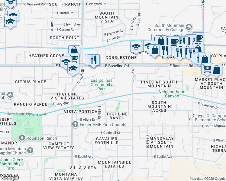 map of restaurants, bars, coffee shops, grocery stores, and more near 7813 South 18th Way in Phoenix