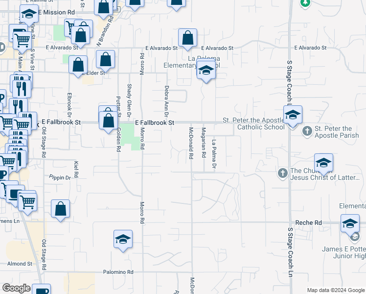 map of restaurants, bars, coffee shops, grocery stores, and more near 1030 Woodcreek Road in Fallbrook