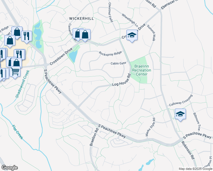 map of restaurants, bars, coffee shops, grocery stores, and more near Log House Road in Peachtree City