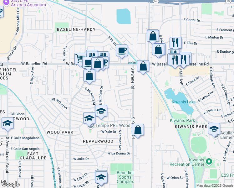 map of restaurants, bars, coffee shops, grocery stores, and more near 5318 South Farmer Avenue in Tempe
