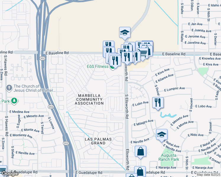 map of restaurants, bars, coffee shops, grocery stores, and more near 9115 East Baseline Road in Mesa