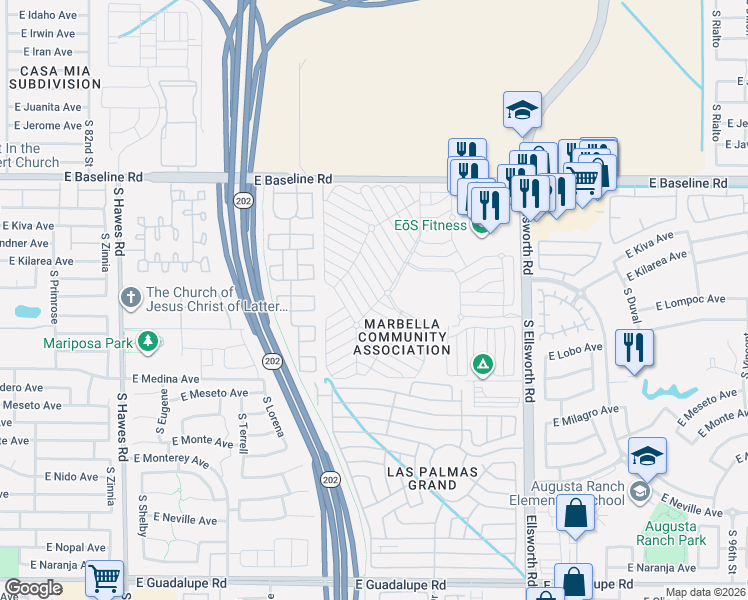 map of restaurants, bars, coffee shops, grocery stores, and more near 8865 East Baseline Road in Mesa