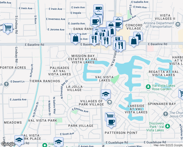 map of restaurants, bars, coffee shops, grocery stores, and more near 1408 East Coral Cove Drive in Gilbert
