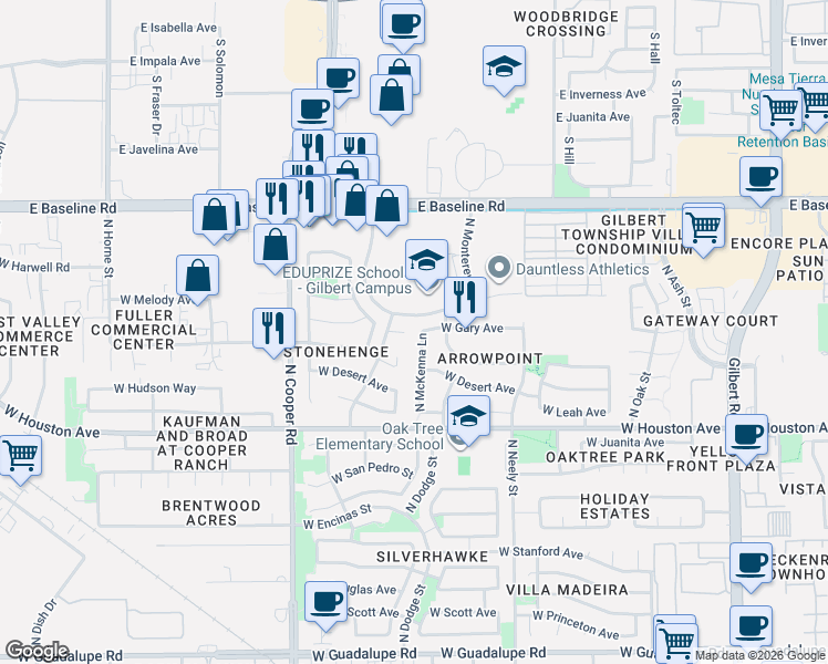 map of restaurants, bars, coffee shops, grocery stores, and more near 588 West Gary Court in Gilbert
