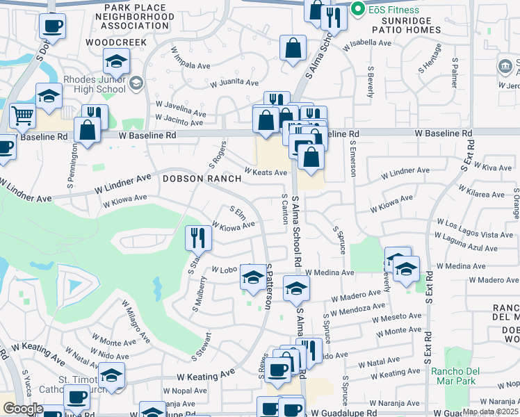 map of restaurants, bars, coffee shops, grocery stores, and more near 2228 South Patterson in Mesa