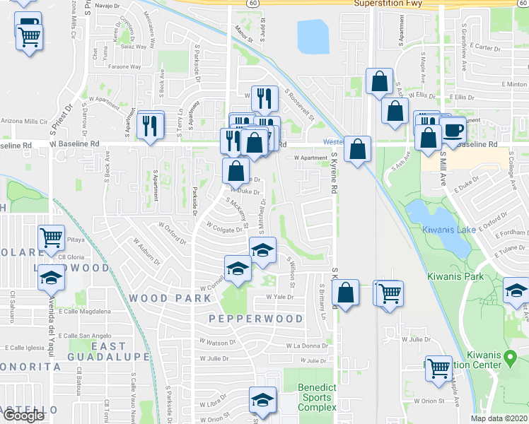 map of restaurants, bars, coffee shops, grocery stores, and more near 5401 South Mitchell Drive in Tempe
