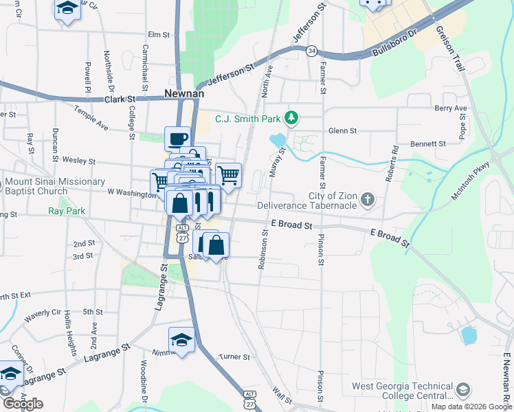 map of restaurants, bars, coffee shops, grocery stores, and more near 0 Highway 14 in Newnan