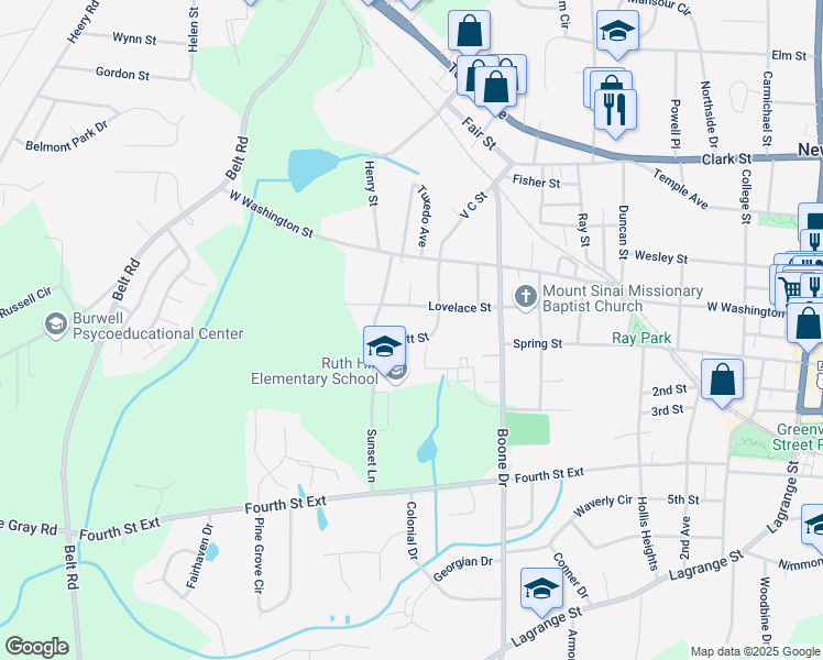 map of restaurants, bars, coffee shops, grocery stores, and more near 27 Pratt Street in Newnan