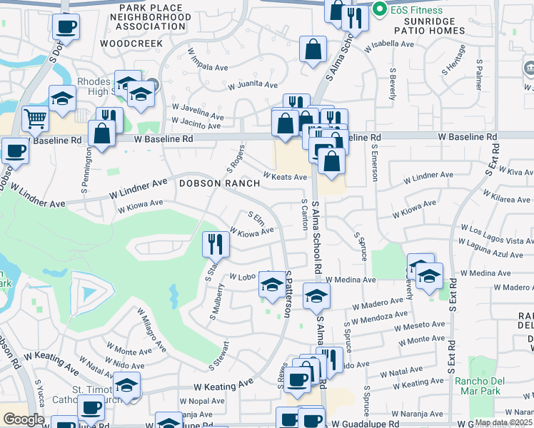 map of restaurants, bars, coffee shops, grocery stores, and more near 2228 South Patterson in Mesa