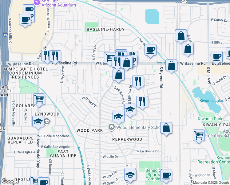 map of restaurants, bars, coffee shops, grocery stores, and more near 832 W Harvard Dr in Tempe