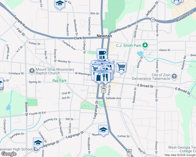 map of restaurants, bars, coffee shops, grocery stores, and more near 16 Jackson Street in Newnan
