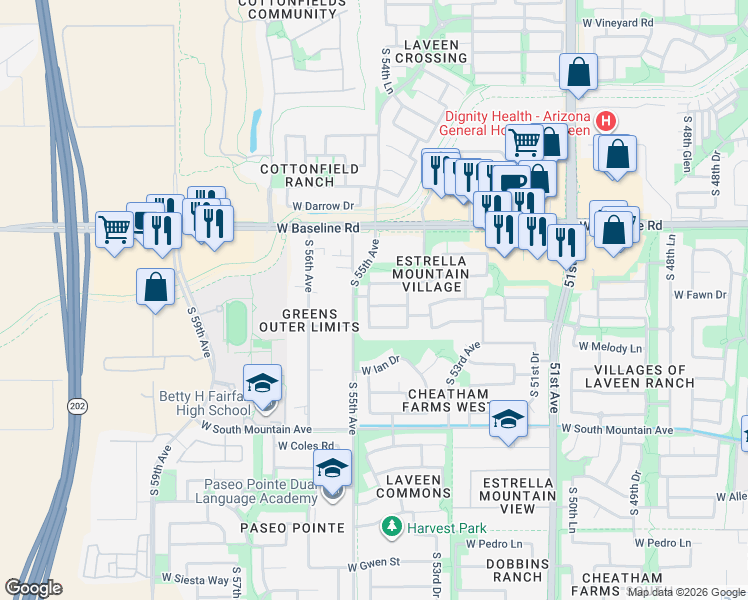 map of restaurants, bars, coffee shops, grocery stores, and more near 7826 South 54th Lane in Phoenix