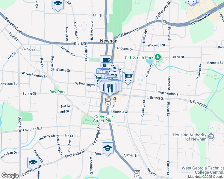 map of restaurants, bars, coffee shops, grocery stores, and more near 7 Jefferson Street in Newnan