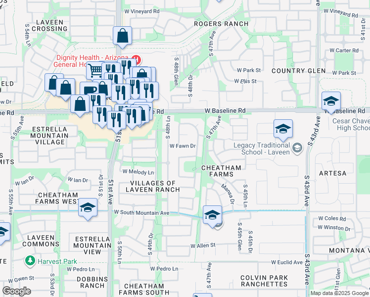 map of restaurants, bars, coffee shops, grocery stores, and more near 4805 West Fawn Drive in Phoenix