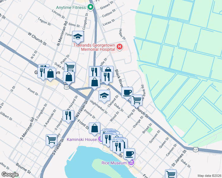 map of restaurants, bars, coffee shops, grocery stores, and more near 1235 Church Street in Georgetown