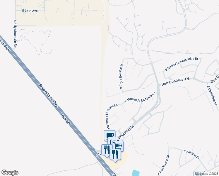 map of restaurants, bars, coffee shops, grocery stores, and more near 4497 South Alamos Way in Gold Canyon