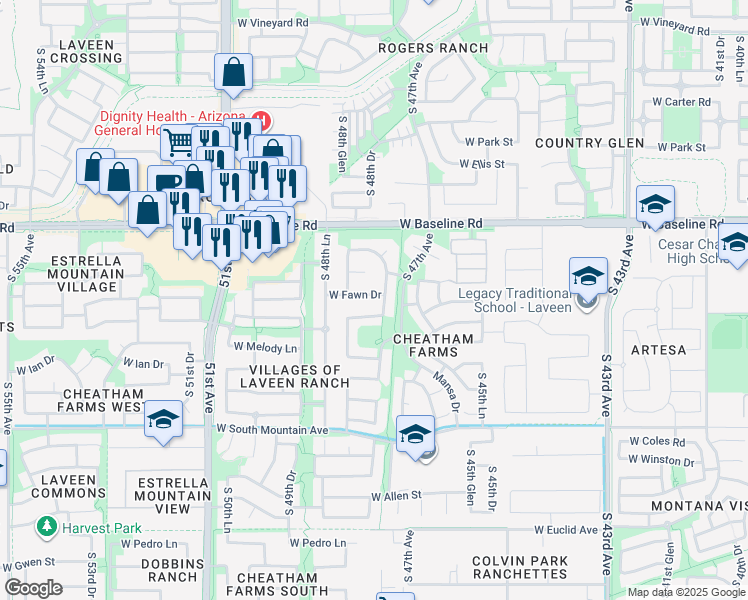 map of restaurants, bars, coffee shops, grocery stores, and more near 4805 West Fawn Drive in Phoenix