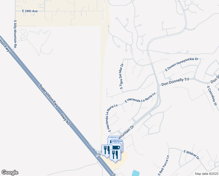 map of restaurants, bars, coffee shops, grocery stores, and more near 4497 South Alamos Way in Gold Canyon