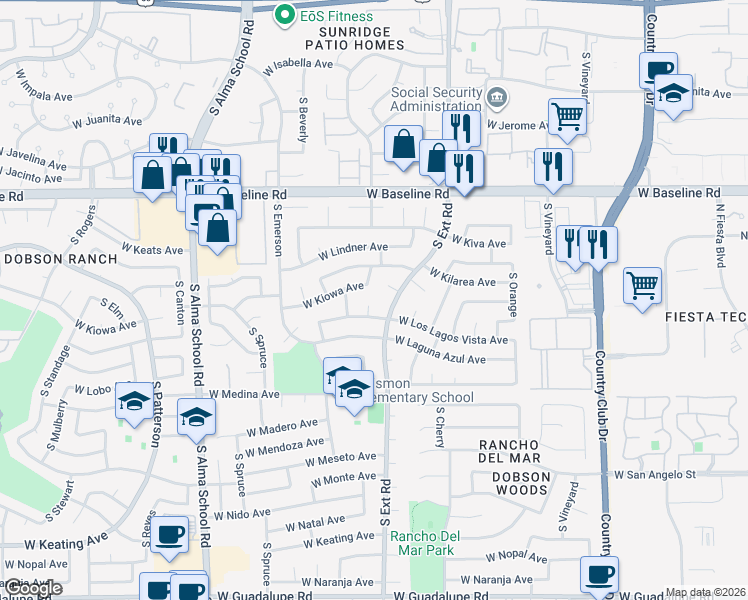 map of restaurants, bars, coffee shops, grocery stores, and more near 2211 South Westwood Circle in Mesa