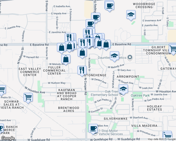 map of restaurants, bars, coffee shops, grocery stores, and more near 1378 North Saddle Street in Gilbert