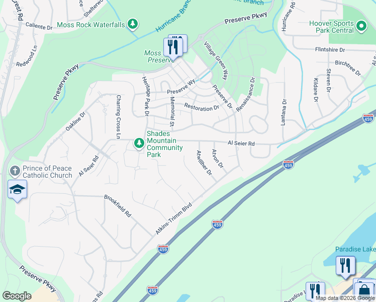 map of restaurants, bars, coffee shops, grocery stores, and more near 3527 Atdoann Drive in Birmingham