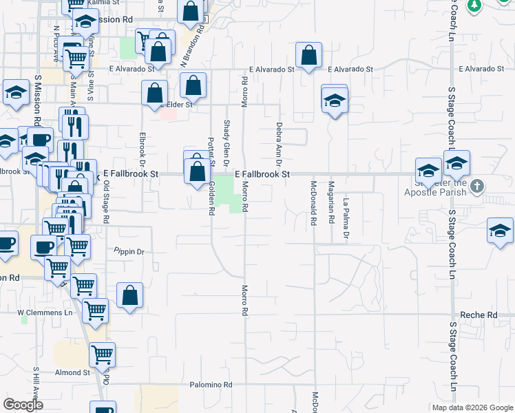 map of restaurants, bars, coffee shops, grocery stores, and more near 931 Ave Campana in Fallbrook