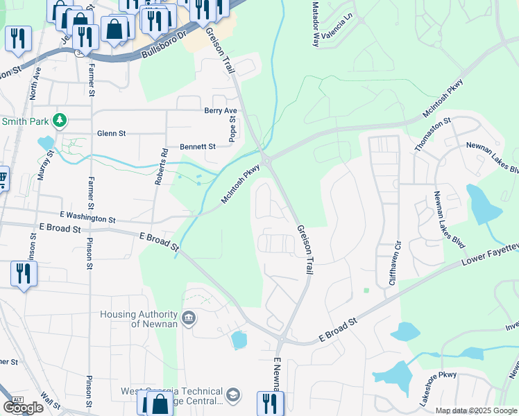map of restaurants, bars, coffee shops, grocery stores, and more near 128 Chastain Way in Newnan