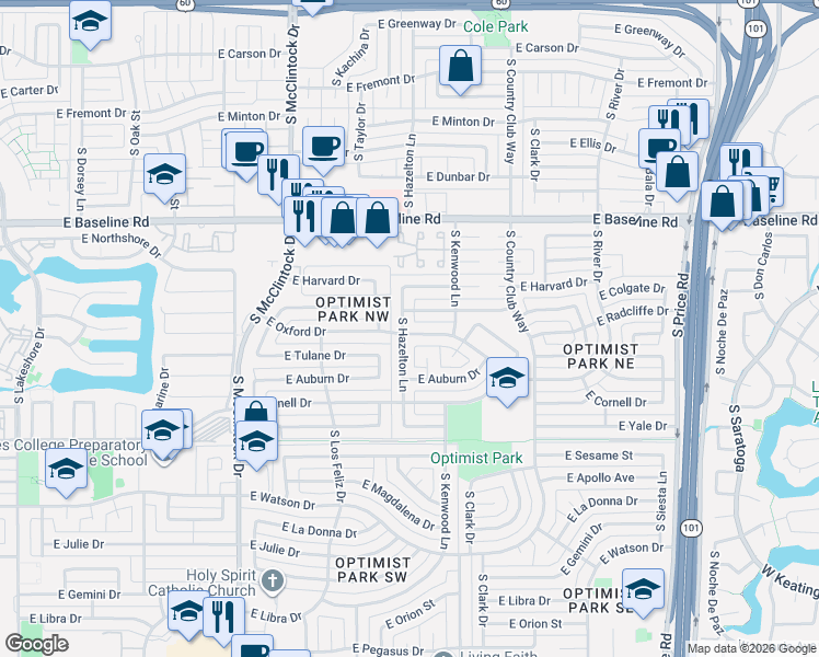 map of restaurants, bars, coffee shops, grocery stores, and more near 5343 South Hazelton Lane in Tempe