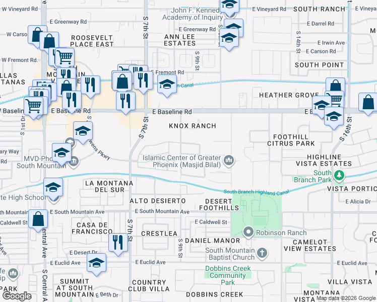 map of restaurants, bars, coffee shops, grocery stores, and more near 924 East Harwell Road in Phoenix