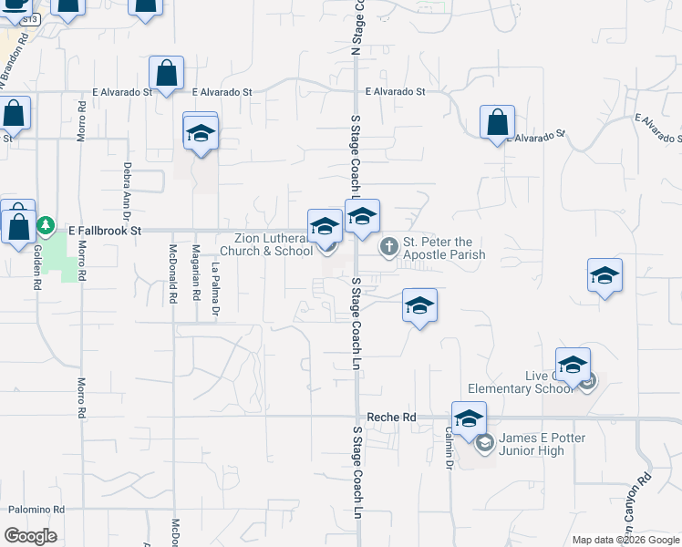 map of restaurants, bars, coffee shops, grocery stores, and more near 439 South Stage Coach Lane in Fallbrook