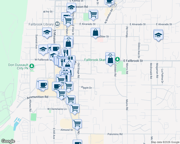 map of restaurants, bars, coffee shops, grocery stores, and more near 915 Mandarin Drive in Fallbrook