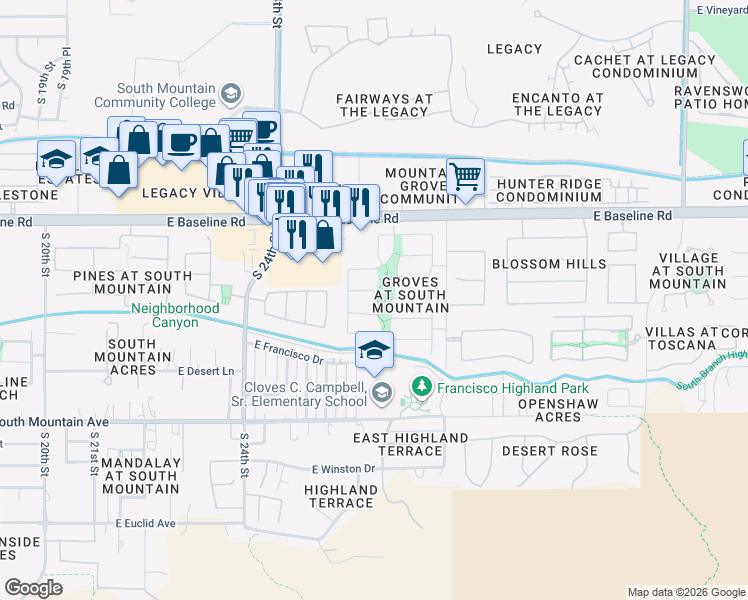map of restaurants, bars, coffee shops, grocery stores, and more near 2627 East Fawn Drive in Phoenix