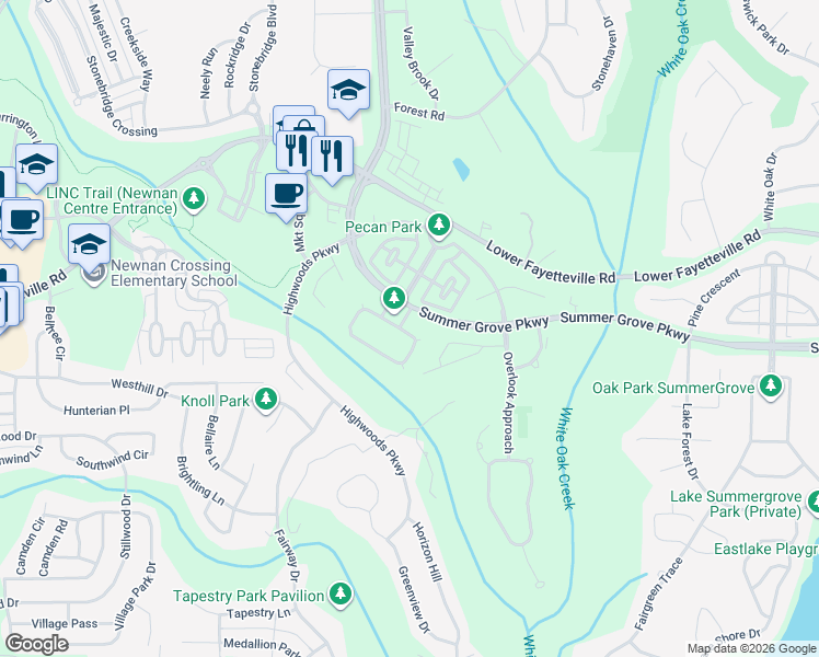 map of restaurants, bars, coffee shops, grocery stores, and more near 10 Green View East in Newnan