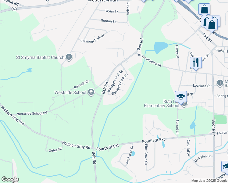 map of restaurants, bars, coffee shops, grocery stores, and more near 33 Westgate Park Lane in Newnan