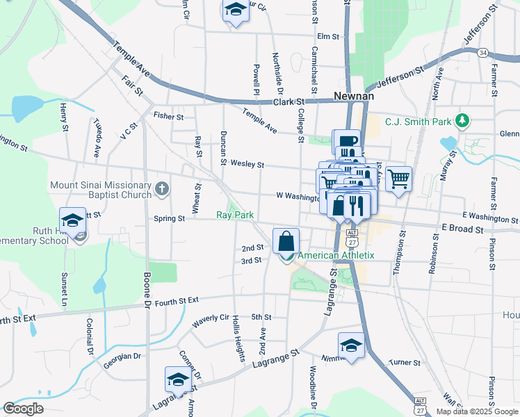 map of restaurants, bars, coffee shops, grocery stores, and more near 5a Saint Clair Street in Newnan