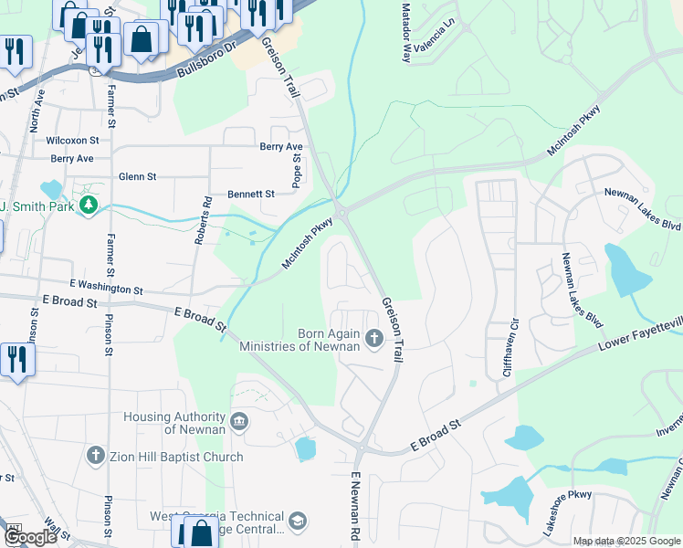 map of restaurants, bars, coffee shops, grocery stores, and more near 128 Chastain Way in Newnan