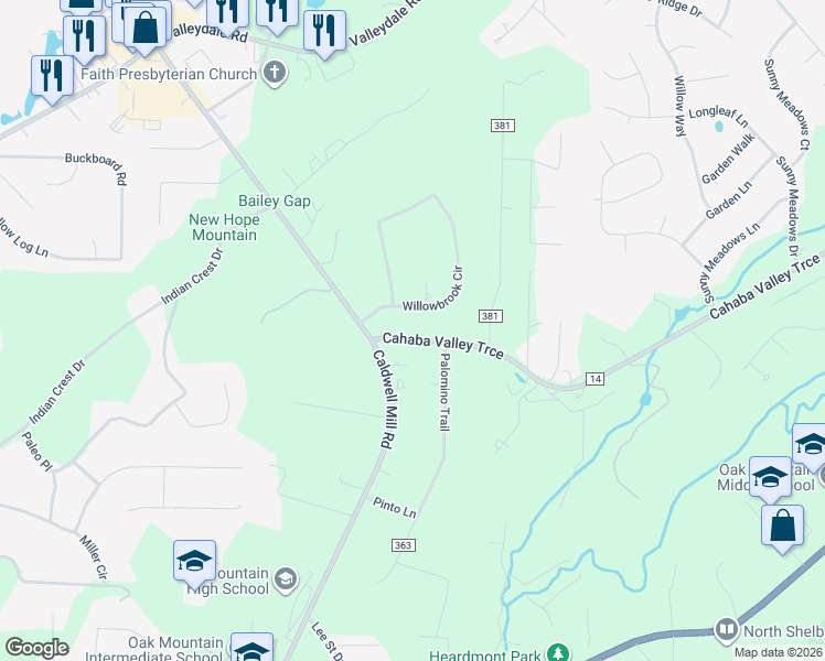 map of restaurants, bars, coffee shops, grocery stores, and more near 4912 Cahaba Valley Trce in Birmingham