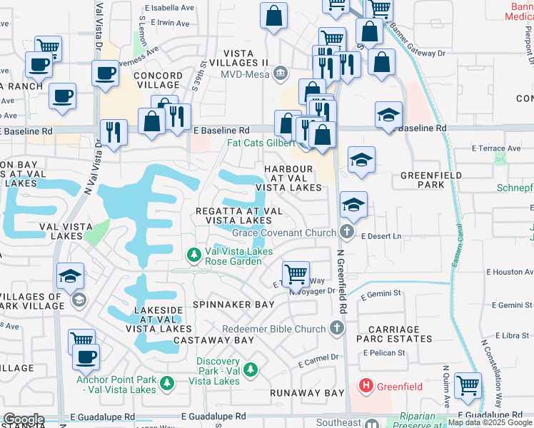 map of restaurants, bars, coffee shops, grocery stores, and more near 1334 North Palmsprings Drive in Gilbert