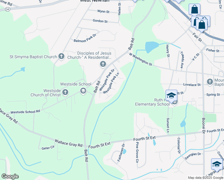 map of restaurants, bars, coffee shops, grocery stores, and more near 3 Midland Park Court in Newnan