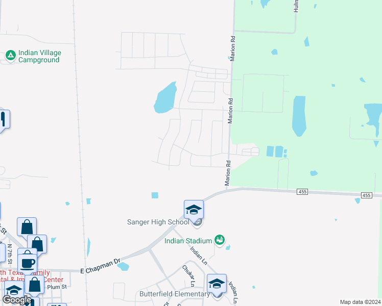 map of restaurants, bars, coffee shops, grocery stores, and more near 4923 Sanger Circle Drive in Sanger