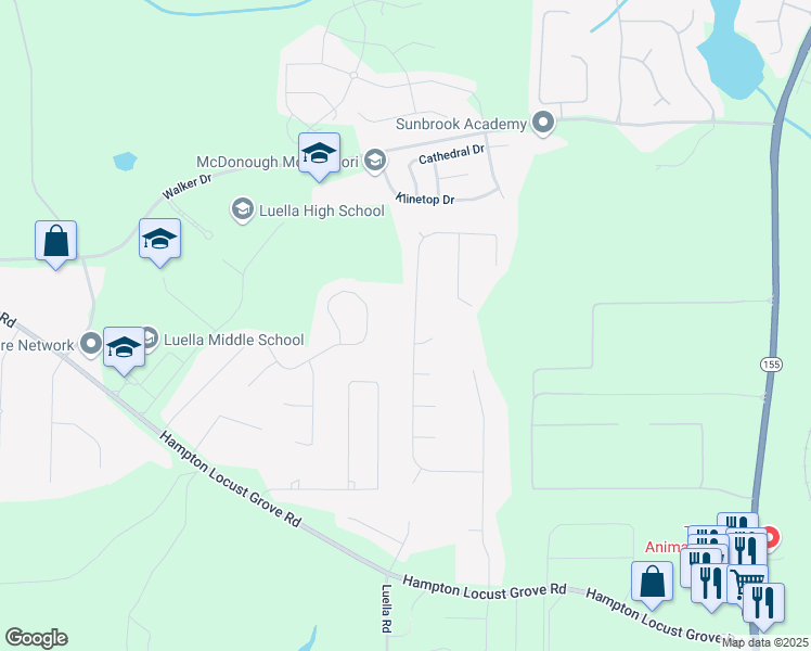 map of restaurants, bars, coffee shops, grocery stores, and more near 389 Glouchester Drive in Locust Grove