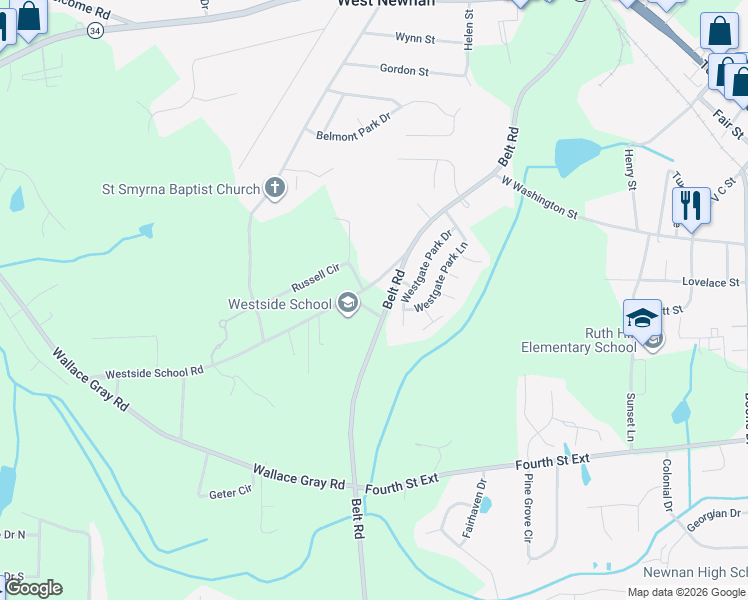 map of restaurants, bars, coffee shops, grocery stores, and more near 66 Westside School Road in Newnan