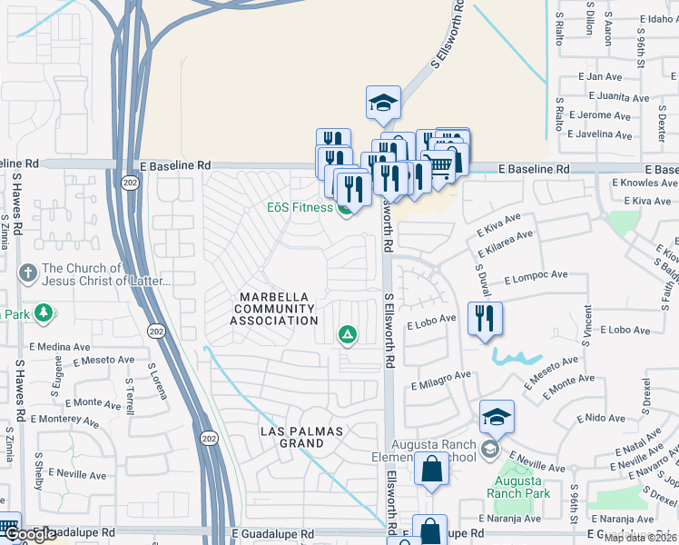 map of restaurants, bars, coffee shops, grocery stores, and more near 9115 East Baseline Road in Mesa