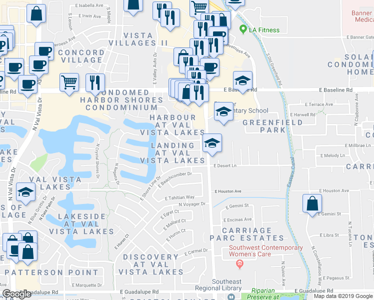 map of restaurants, bars, coffee shops, grocery stores, and more near 2302 East Millbrae Court in Gilbert