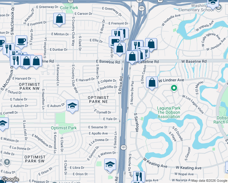 map of restaurants, bars, coffee shops, grocery stores, and more near 2120 East Tulane Drive in Tempe