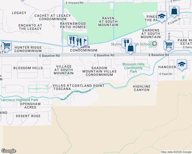 map of restaurants, bars, coffee shops, grocery stores, and more near 3511 East Baseline Road in Phoenix