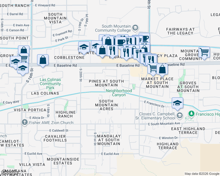 map of restaurants, bars, coffee shops, grocery stores, and more near 2202 East Fawn Drive in Phoenix